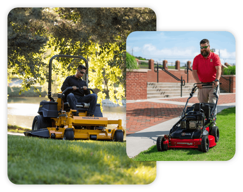 Hustler zero-turn and Exmark commercial walk-behind mowers in action